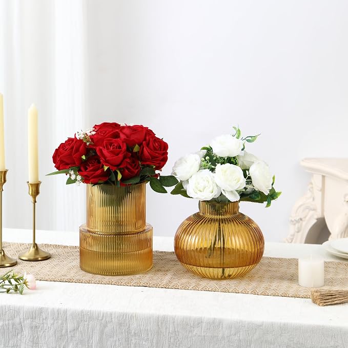 Ribbed Glass Vases, Set of 2 Fluted Vases for Flowers, Amber Glass Vase for Tulips, Modern Vase for Living Room, Kitchen, Office, Entryway, Mantle, Bookshelf, Wedding Gifts, Birthday