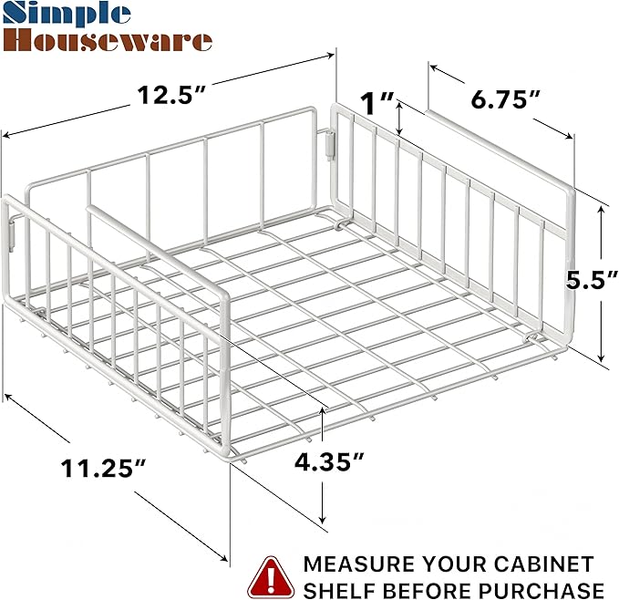Simple Houseware Under Shelf Basket, White – 2-Pack Space-Saving Storage Organizer for Kitchen, Pantry, Closet, Office – Wire Metal Shelf Organizer, No Tools Required