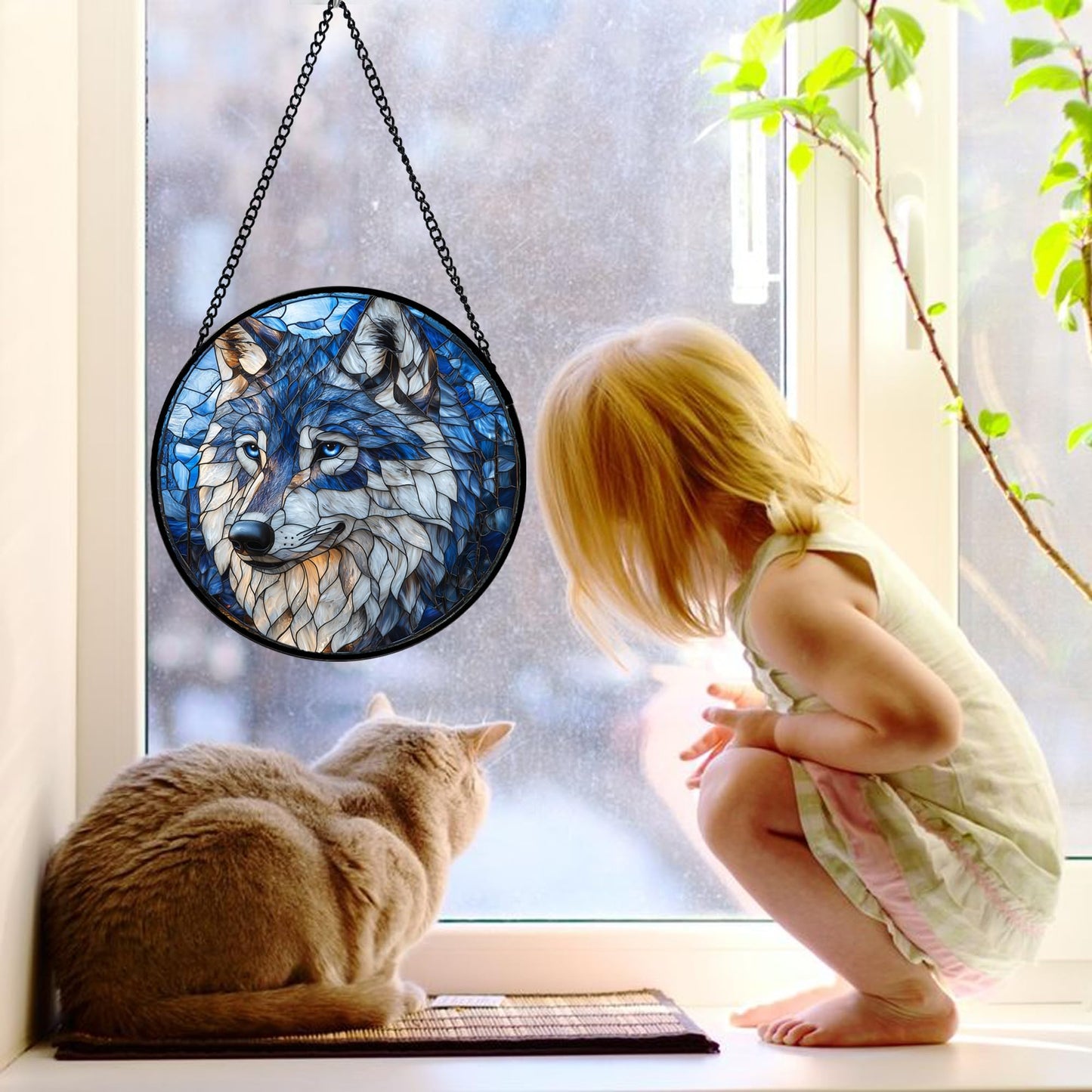 DASTOLL Stained Glass Window Hanging - Funny Wolf Suncatcher Ready to Hang Window Doors Home Decoration and Christmas, Mother's Day Birthday Gifts for Women, Men, and Mom 9.8x9.8 in