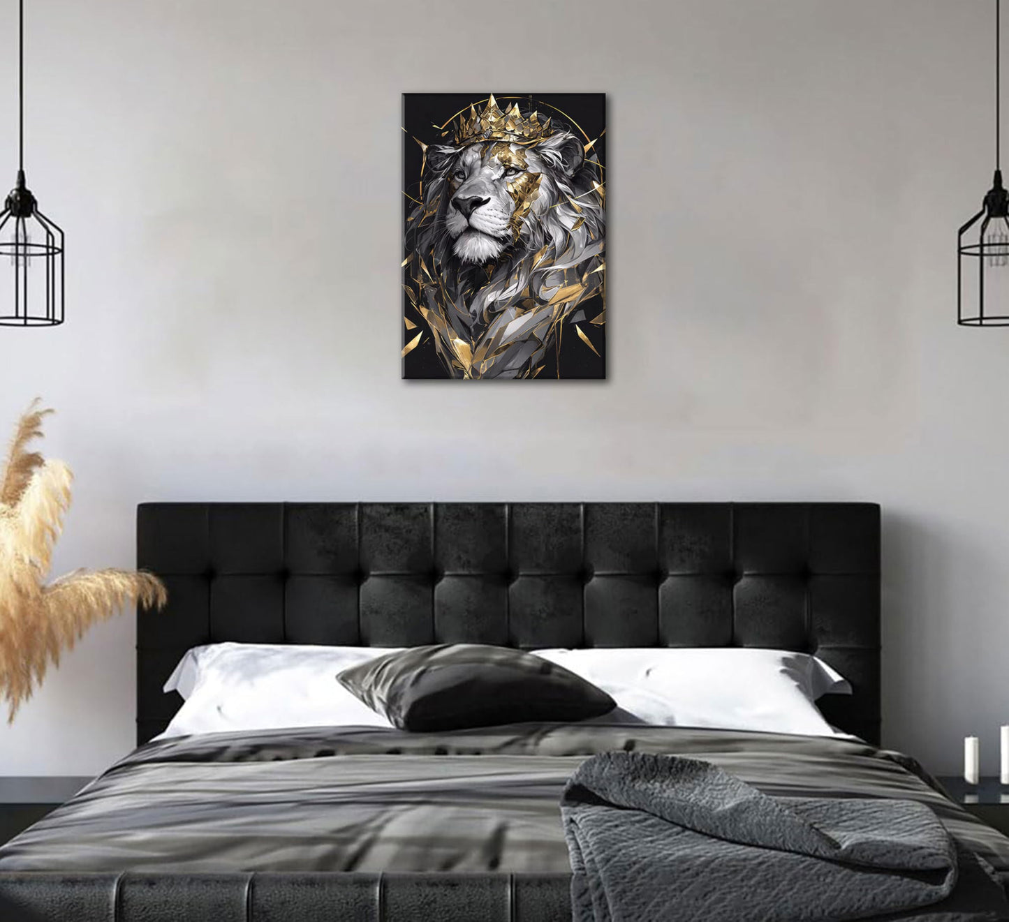 Lion King Canvas Wall Art Man's Cave Poster Prints Crown Lion Pictures Modern Abstract Black Gold Animal Painting Wall Decor Living Room for Men's Bedroom Office 12x16in Framed