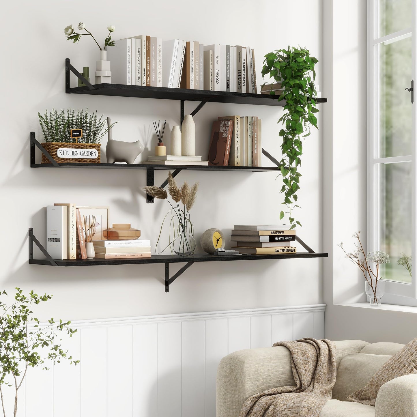36"W x 12"D Floating Shelves, Black Deep Floating Shelves for Wall with Brackets, 12 Inch Deep Wall Shelves for Books, Wide Display Storage Shelves for Bathroom, Living Room, 36 Inch Long, Set of 2