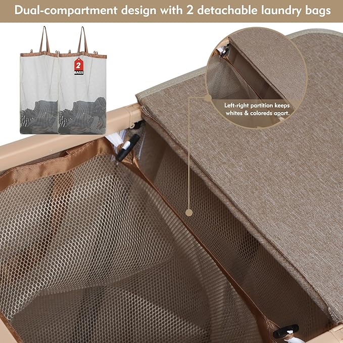 DOKEHOM 160L Extra Large Laundry Hamper with Lid, 2-Section Double Laundry Basket with Removable Mesh Liner Bags, Collapsible Clothes Sorter for Family, Bedroom, Laundry Room, Khaki