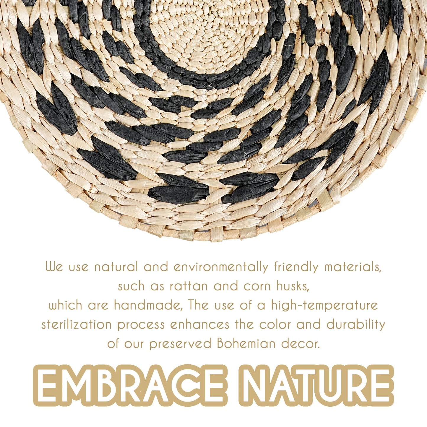 7PCS Boho Wall Baskets Set, Boho Wall Decor, Round Handmade Seagrass Rattan Wicker Wall Art Room Decor Hanging Wall Basket Decor for Farmhouse Living Room Bedroom Display Table Kitchen Home (Black)