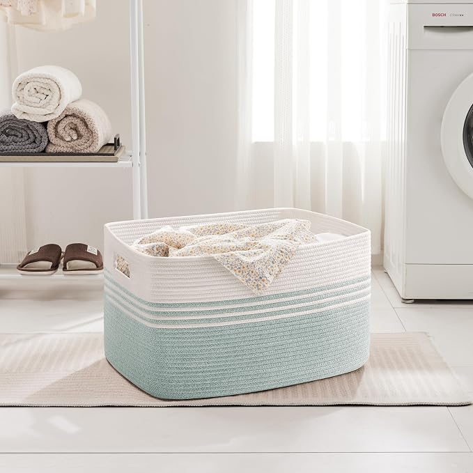 100L Extra Large Laundry Basket for Living Room Storage,Woven Rope Baskets for Blanket,Kids Toy,Gifts,Wicker Hamper for Bedroom Dirty Clothes,24"x16"x16" White Green