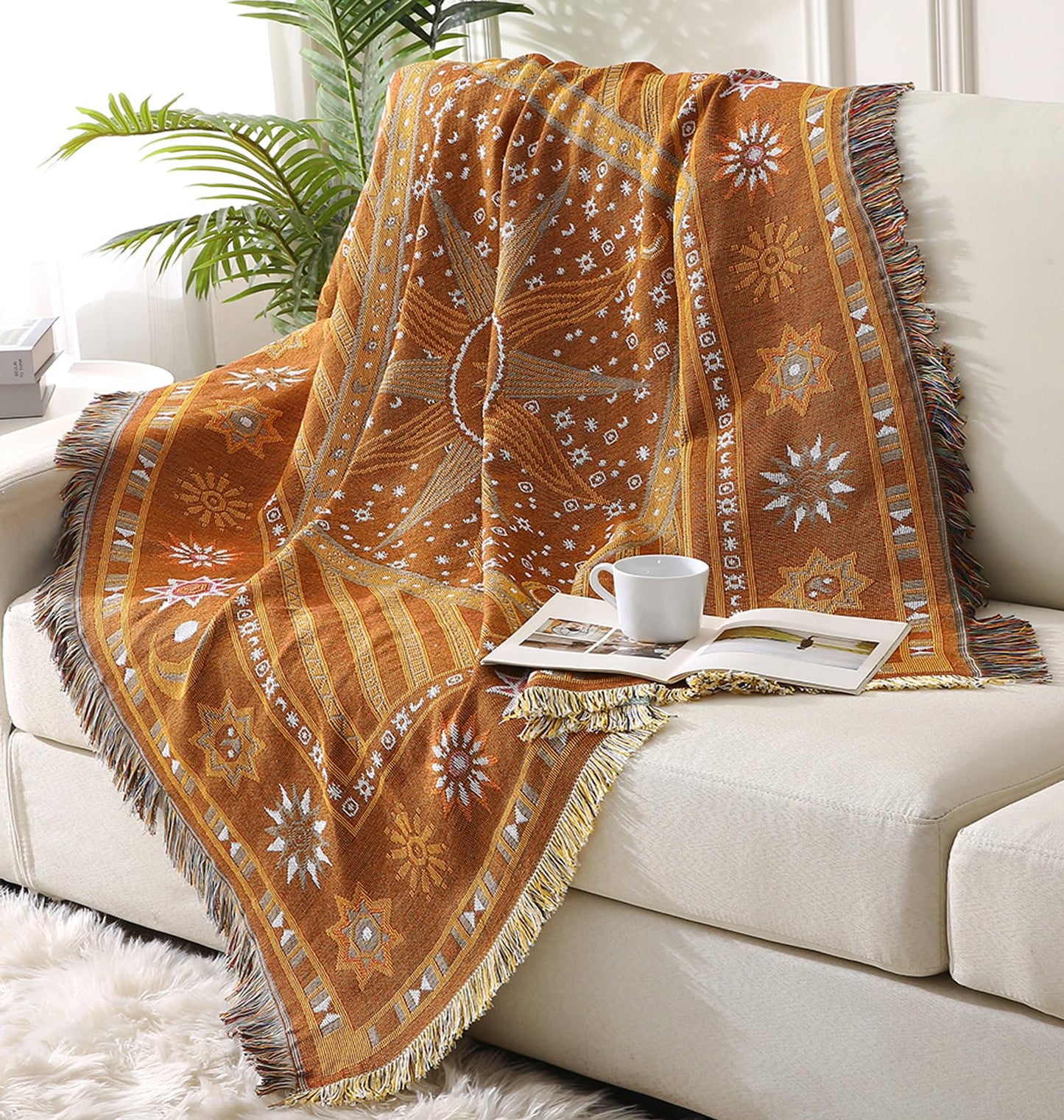 TOFUNTOY Boho Throw Blanket for Couch Sofa Bed, Decorative Throw Blanket with Tassels, 50"x60" Bohemian Woven Cover for Home Living Room Bedroom Indoor Outdoor Picnic