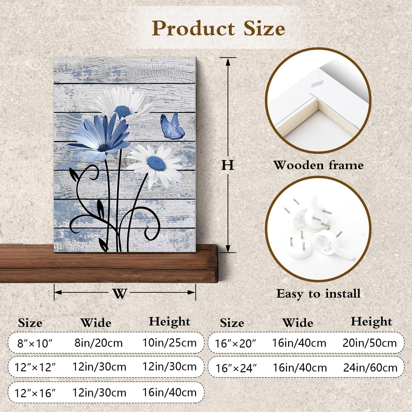 HVEST Farmhouse Floral Wall Art for Living Room, Blue and White Daisy Flower and Butterfly on Rustic Wood Board Canvas Wall Art Framed Artwork Ready to Hang for Bathroom Bedroom Decor, 16L X 12W