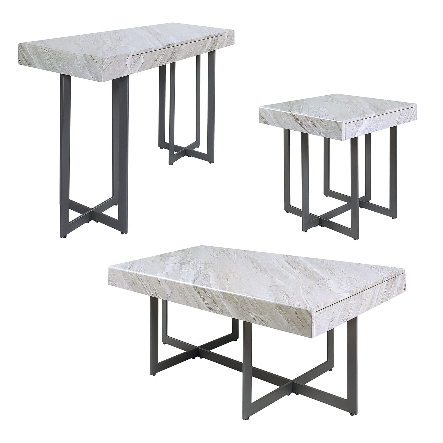 Furniture of America Willy Modern Storage Faux Marble Top 3-Piece Coffee, End and Sofa Table Set for Living Room, Gray