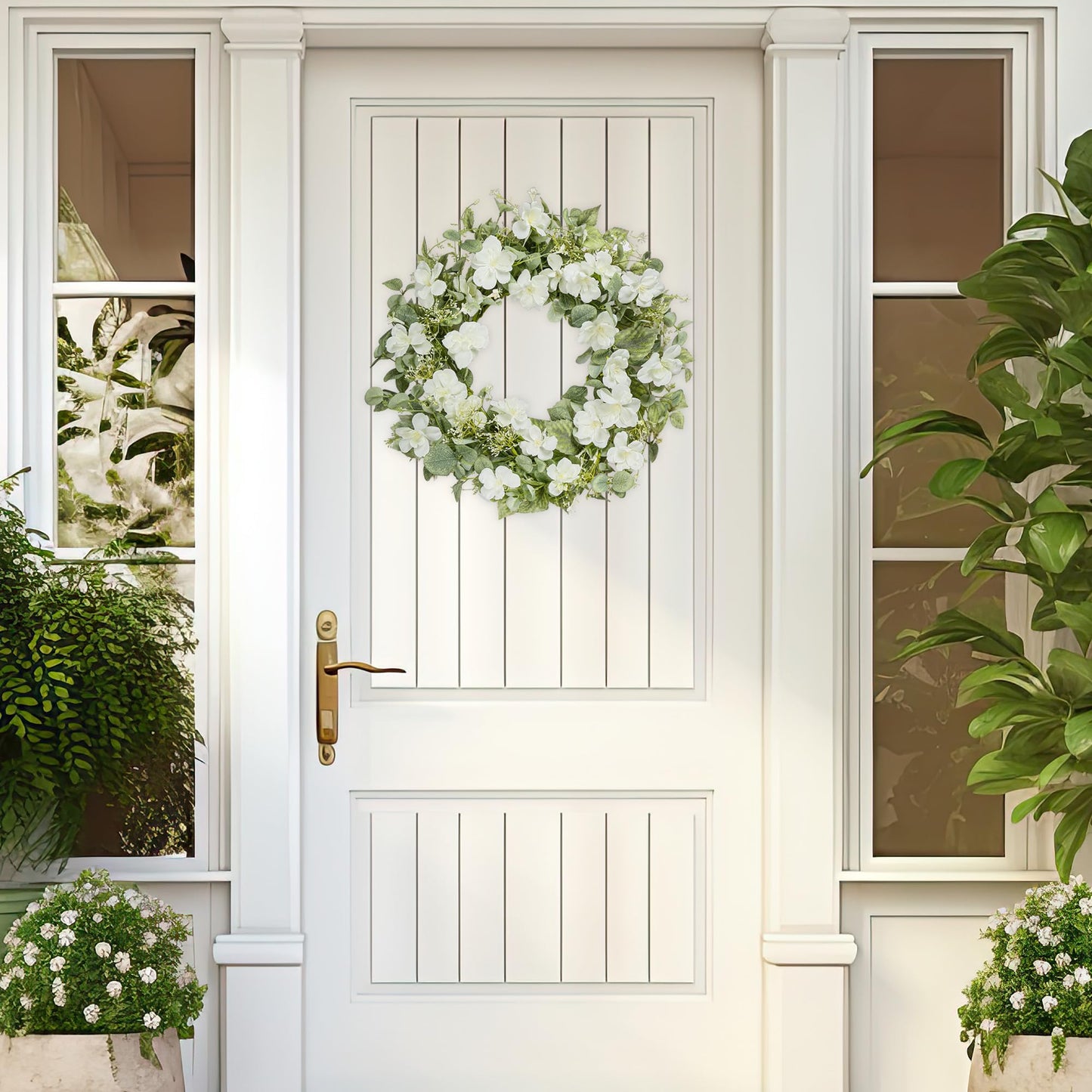 YNYLCHMX 18" Spring Summer Wreaths for Front Door, Artificial Floral Wreath with White Rose Flowers Green Eucalyptus Leaves, Green Foliage Wreath for Wall Window Farmhouse Party Holiday Home Decor