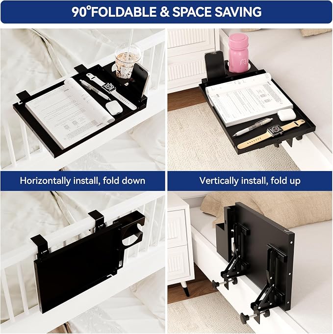 Metal Bedside Shelf Table Tray with Cup Holder, Foldable Bed Side Table for Bunk Bed & Top Bunk, College Dorm Room Essentials for Guys & Girls, Clip-on Laptop Nightstand for IKEA Beds, Black