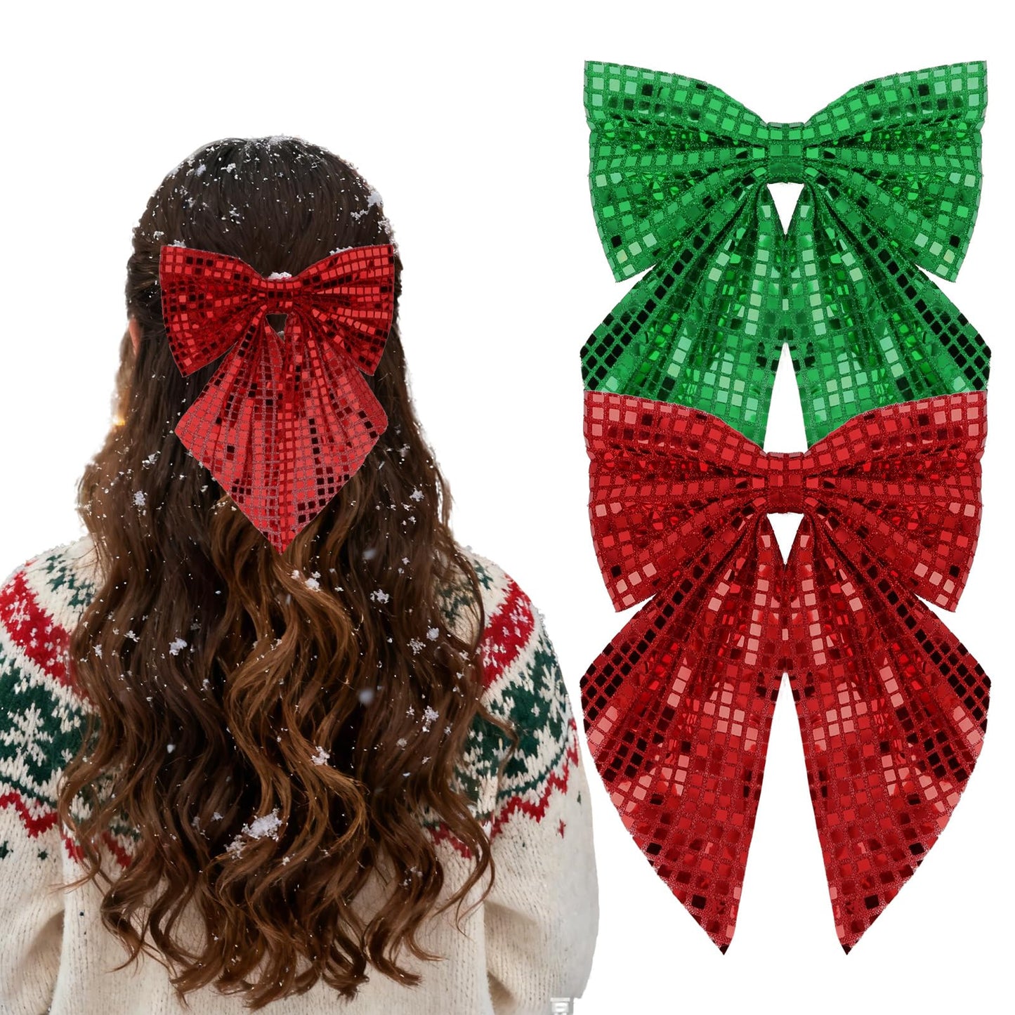 Wecoe 2pcs Christmas Hair Bows Clips - Sparkly Hair Barrettes & Holiday Disco Hair Accessories for Women & Girls