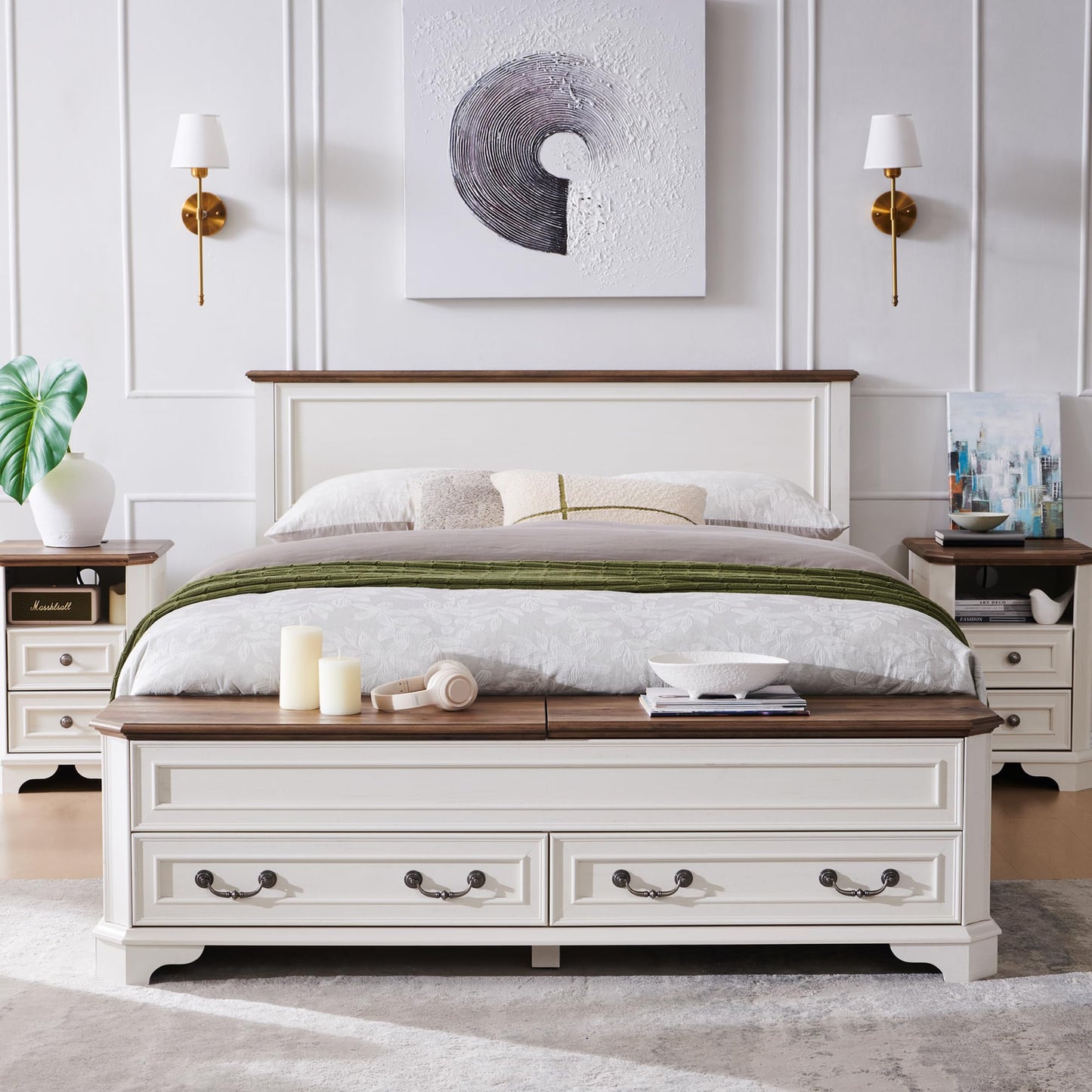 T4TREAM Farmhouse Queen Bed with Headboard and Storage Bench, Rustic Wood Platform Bed with 64" Storage Chest w/ 4 Large Drawer (Antique White)