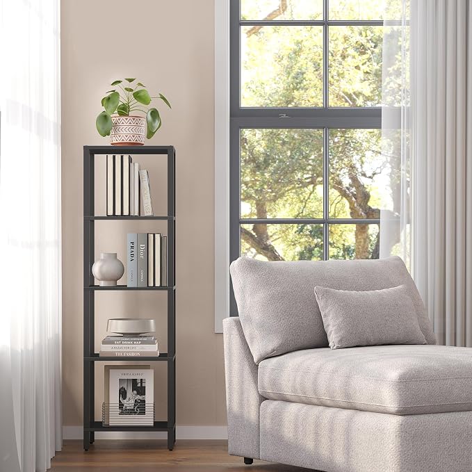TUTOTAK Bookshelf, 5-Tier Tall Book Shelf, Narrow Bookcase for Small Space, DIY Stackable Bookshelf, for Living Room, Office, Study, Entryway, Industrial, Black BS01BK005