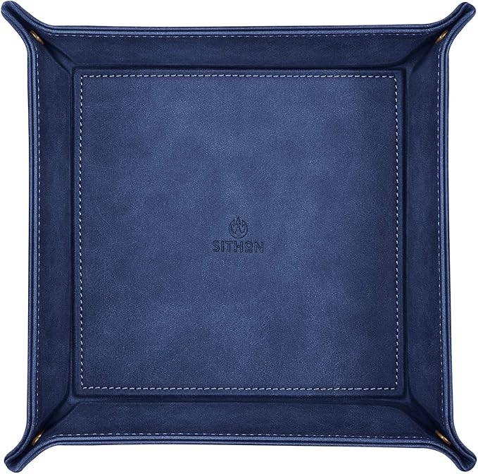 SITHON Valet Tray Desktop Storage Organizer – Premium PU Leather Catchall Bedside Vanity Tray Nightstand Caddy Holder for Keys, Phone, Wallet, Valentine's Day Gift, Dark Blue