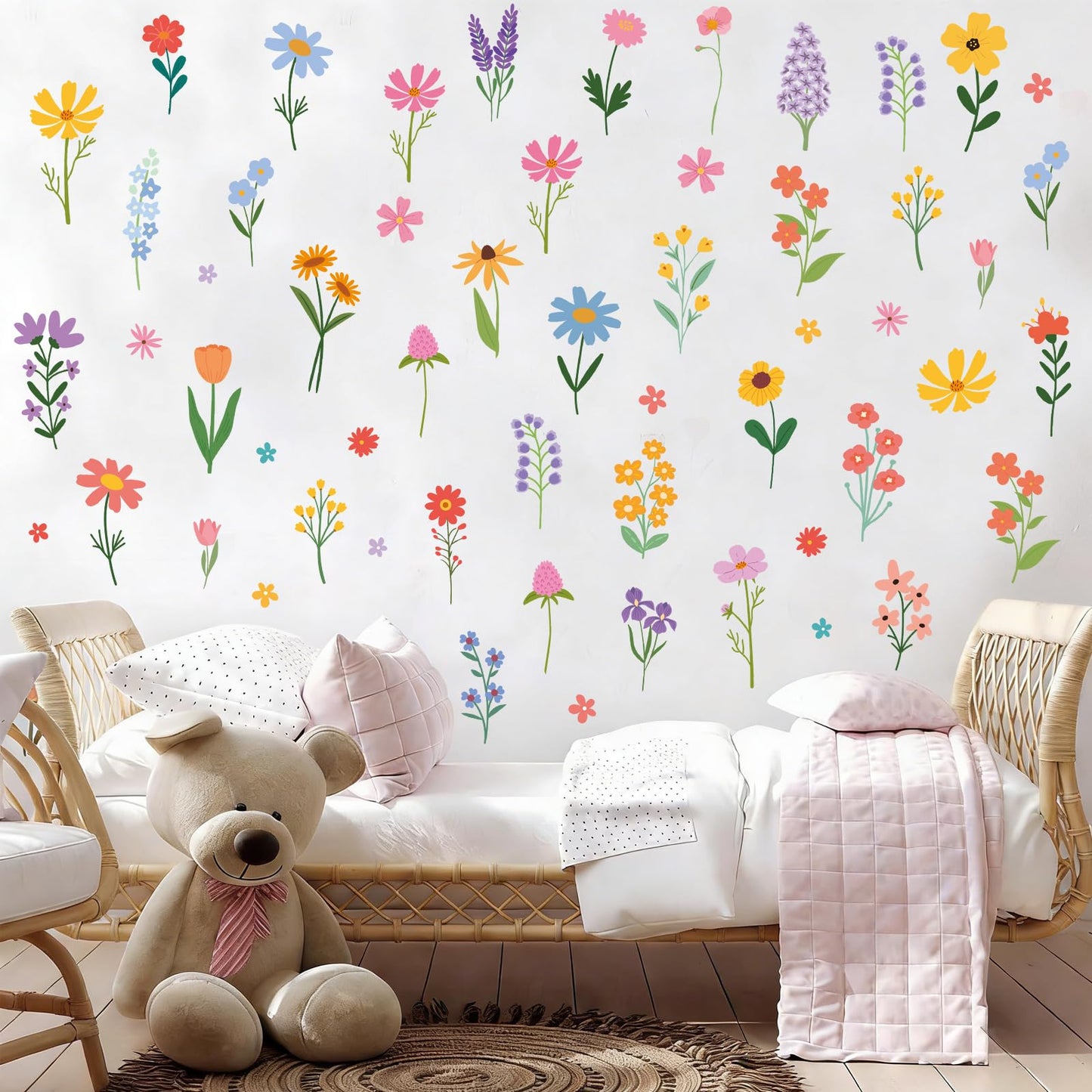 Spring Flower Wall Stickers, 8 Sheets Wildflower Wall Decals Peel and Stick Floral Wall Decor for Girls Bedroom Nursery Spring Room Decorations 90 Pcs