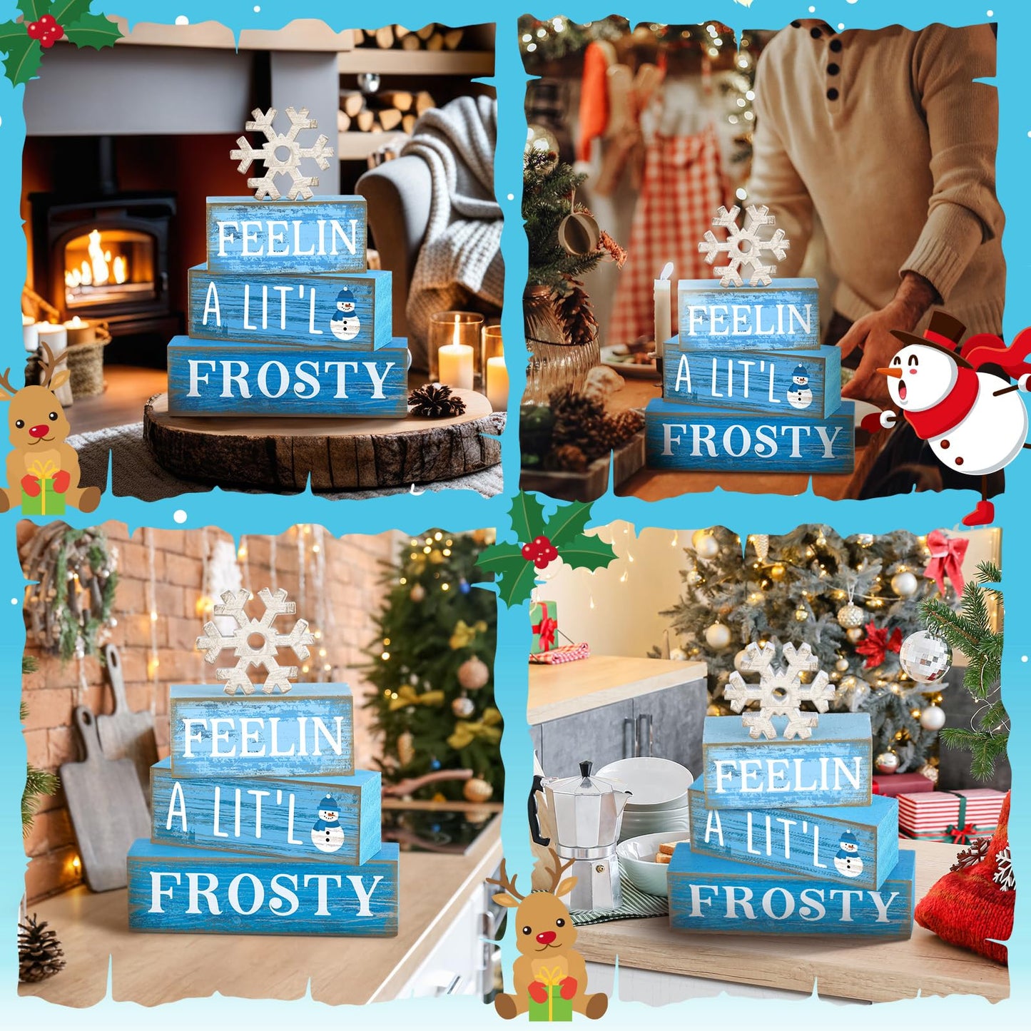 Yuntau 4 Pcs Winter Wooden Tabletop Decor Christmas Snowflake Tiered Tray Decor Rustic Wood Block Sign Gift Winter Centerpiece for Shelf Office Farmhouse Table Frozen Birthday Party Decoration