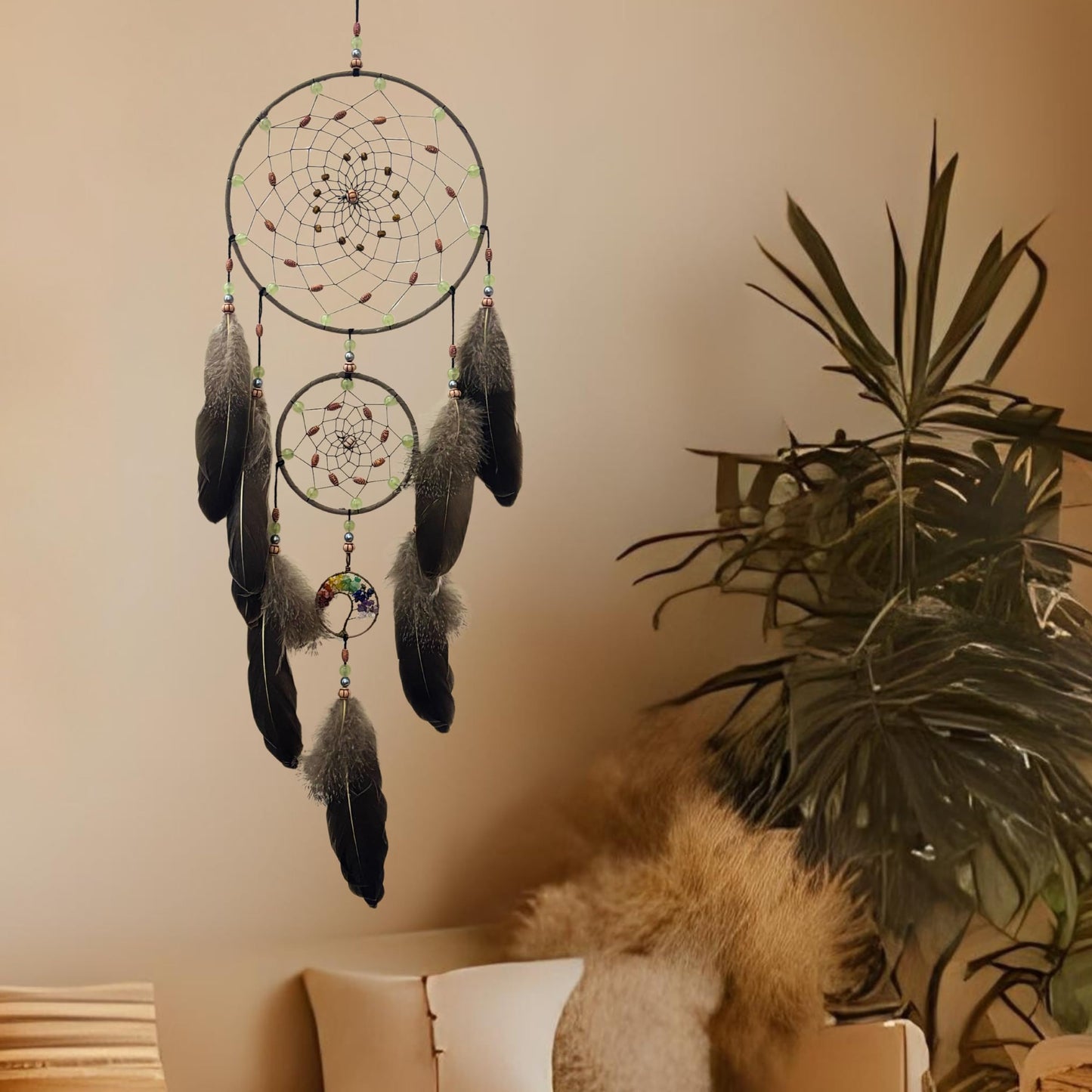 XEYOLHON Dream Catchers for Adults with Luminous Beads Dream Catcher with 7 Chakra Handmade Wall Decor with Native Feather Hanging Ornament for Bedroom Brown