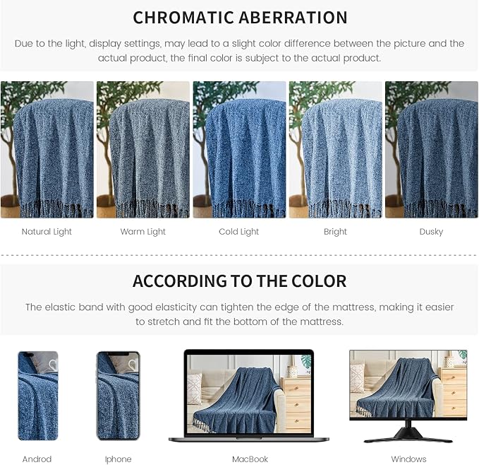 BOURINA Chenille Fluffy Throw Blanket with Decorative Fringe for Couch Cover Sofa Chair Blanket（50×60 Inches） Navy