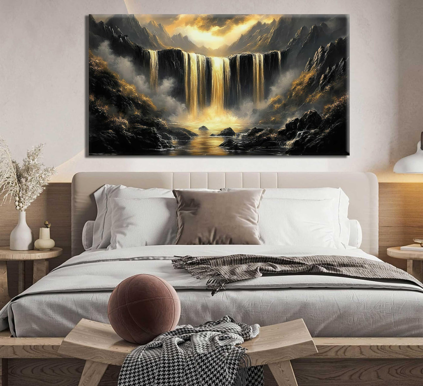 Black Gold Waterfall Canvas Wall Art Abstract Waterfall Wall Decor Mountain Art Posters Pictures for Office for Living Room bedroom Painting Prints Framed