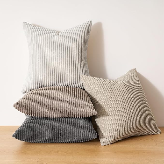 Topfinel 4 Packs Natural Decorative Throw Pillows Covers 26x26 Inch for Living Room Couch Bed Sofa, Rustic Farmhouse Boho Neutral Home Decor, Soft Plush Striped Corduroy Square Cushion Case 65x65 cm