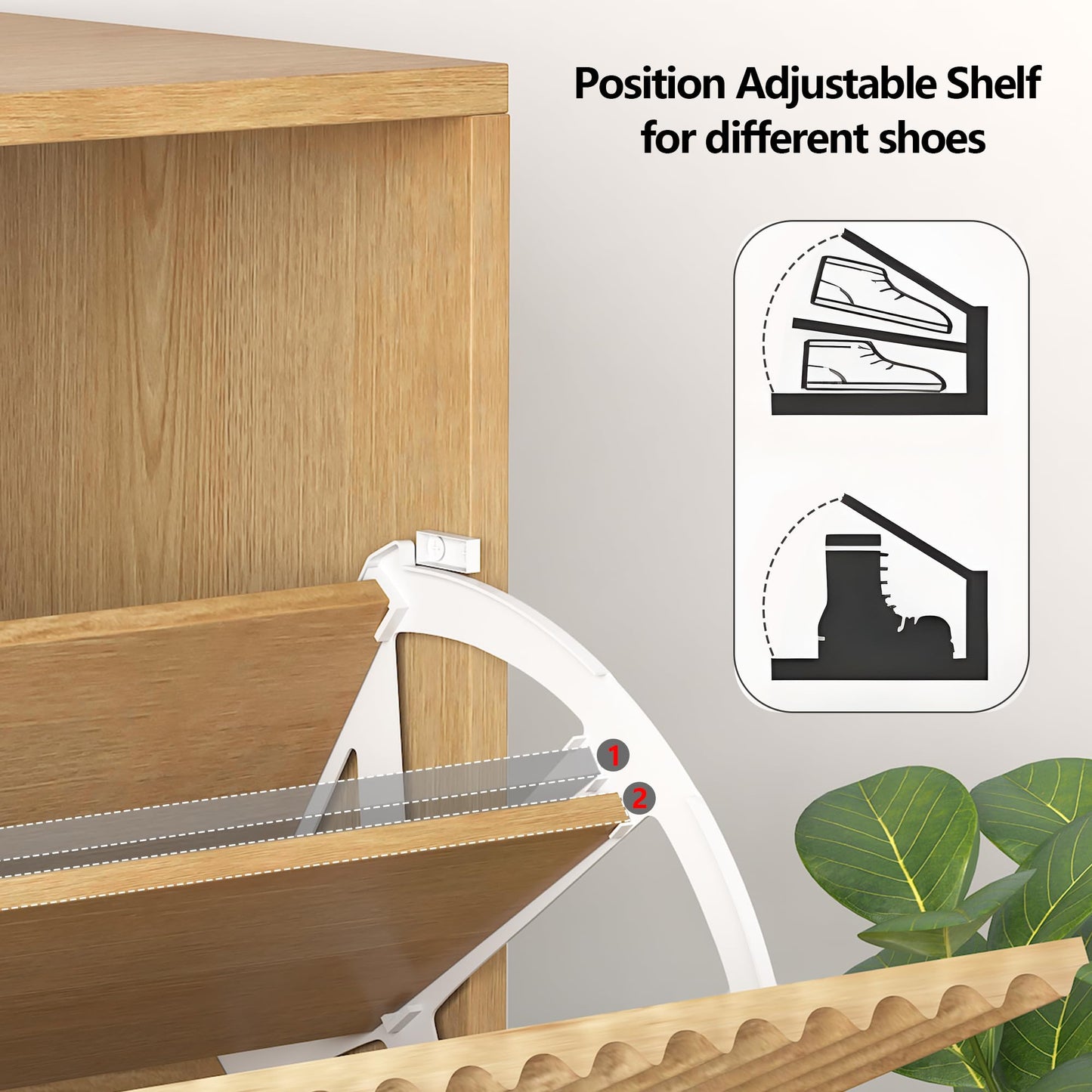 GarveeHome Set of 2 Fluted Shoe Cabinets for Entryway, Slim Freestanding Shoe Storage with Flip Drawers, Open Shelf & Side Hooks, Narrow Shoe Organizer Cabinets for Hallway or Family Entryway, Oak