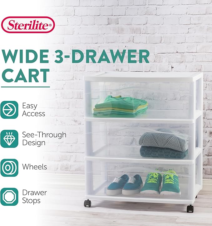 Sterilite 4 Pack Wide 3 Drawer Storage Cart, Plastic Organizer with Wheels, White - Multipurpose Bin for Clothes, Accessories, or Home Accessories