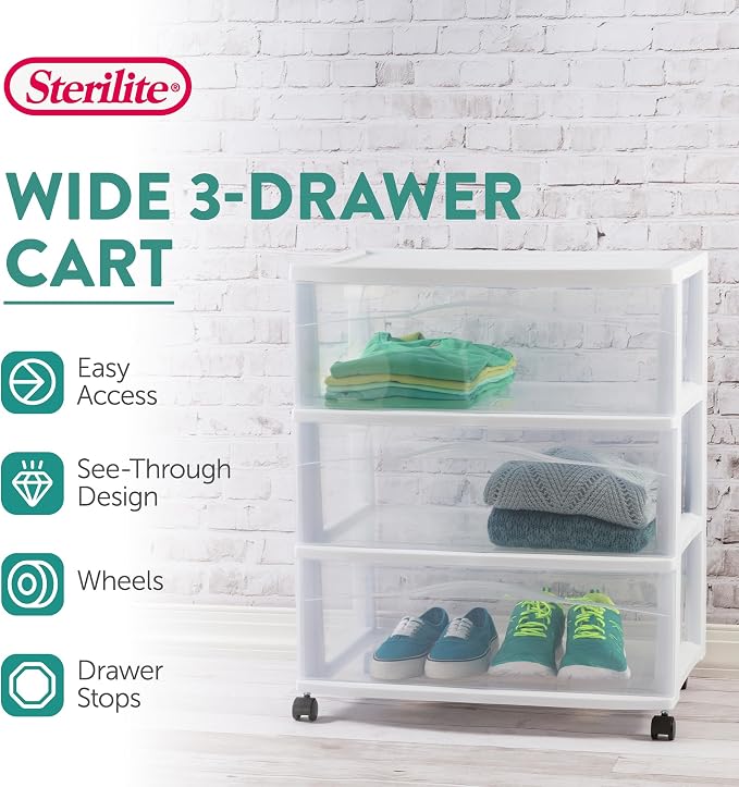 Sterilite 3 Pack Wide 3 Drawer Storage Cart, Plastic Organizer with Wheels, White - Multipurpose Bin for Clothes, Accessories, or Home Accessories