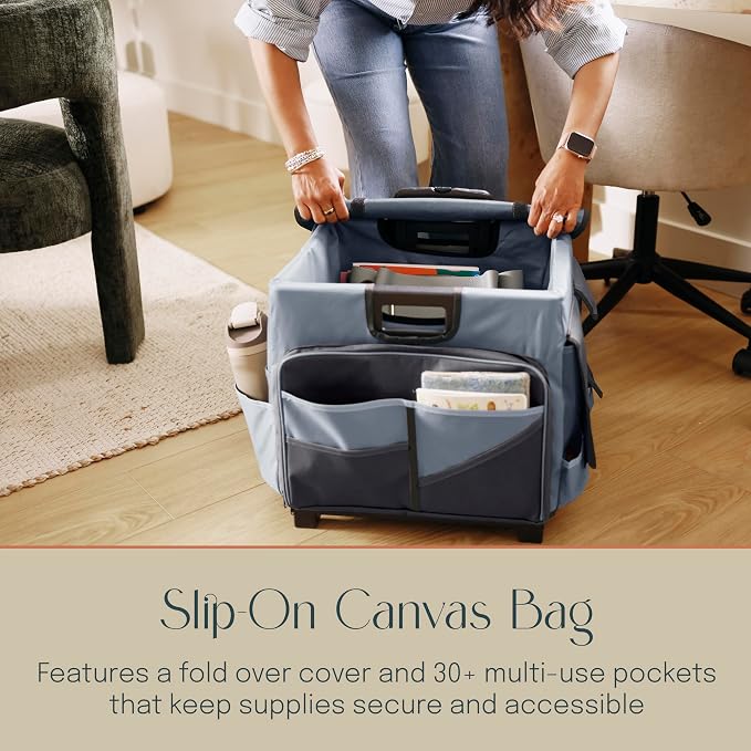 Mobile Folding Utility Cart with Canvas Storage Organizer Bag, Rolling Cart, Black/Grey