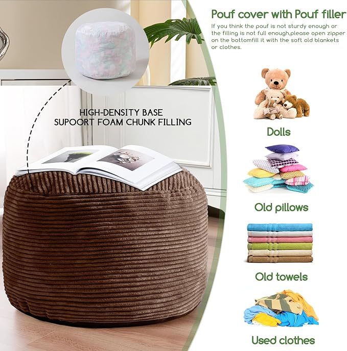 HIGOGOGO Round Stuffed Pouf Ottoman, Corduroy Poufs with Foam Chunk Filling, Furry and Fluffy Pouf Foot Stool Storage Ottoman, 20 X 15 Floor Poufs Foot Rest for Living Room, Brown