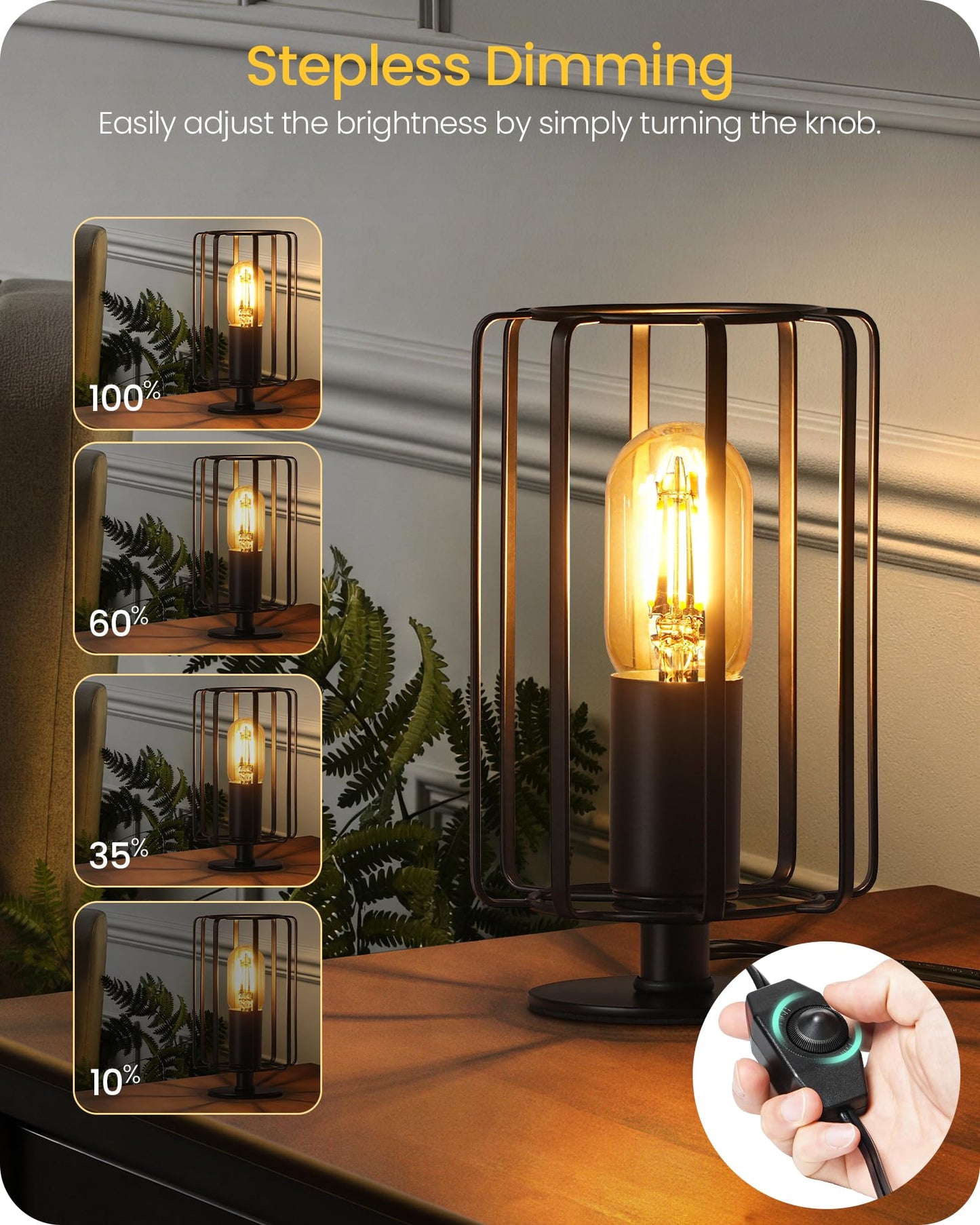 GOEBLESON Industrial Small Table Lamp, Small Bedside Lamp with Dimmable 2400K Warm Light LED Bulb, Vintage Desk Lamp, Black Nightstand Lamp for Bedroom, Study, Office, Small Space, B05TL05