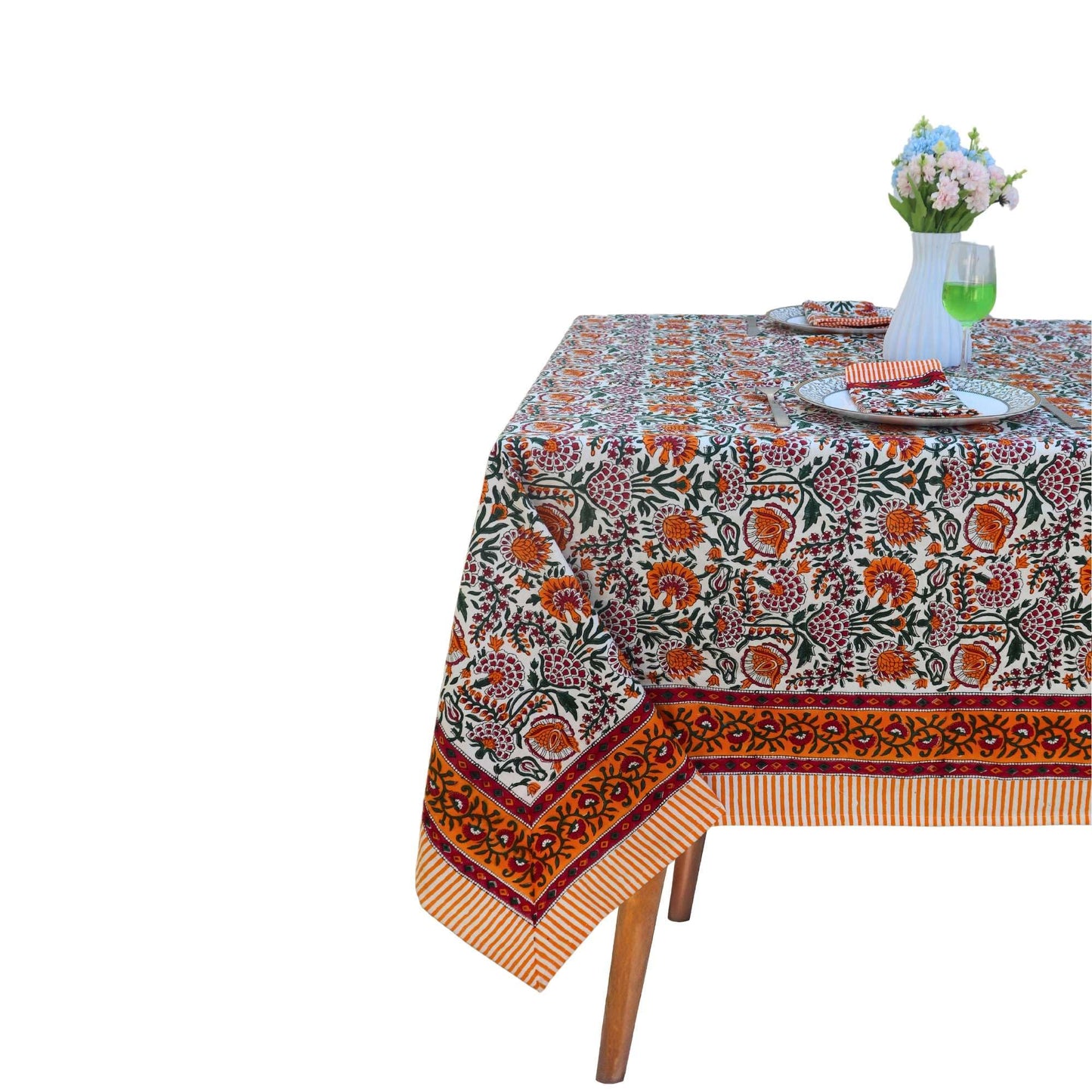 Handblock Print Cotton Tablecloth – 72x108 Rectangle Table Cover Seats 6–8 – Indian Block Printed Floral Dining Table Linen – Boho Washable Cloth for Kitchen, Party, Outdoor (Orange)