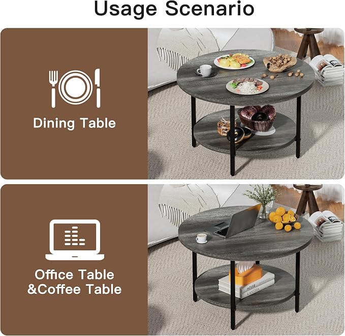 FAMIDGE Coffee Table, 27.6“ Circle Coffee Tables for Living Room, 2 Tier Round Coffee Table with Storage, Wood Accent Center Floor Table for Bedroom, Industrial Home Office, Elegant Gray
