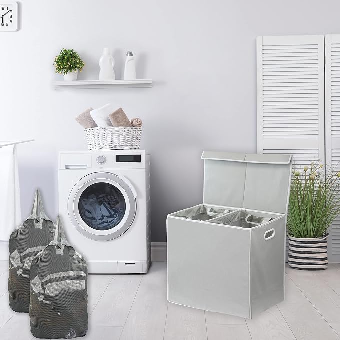 Simple Houseware Double Laundry Hamper with Lid and Removable Bags, Grey