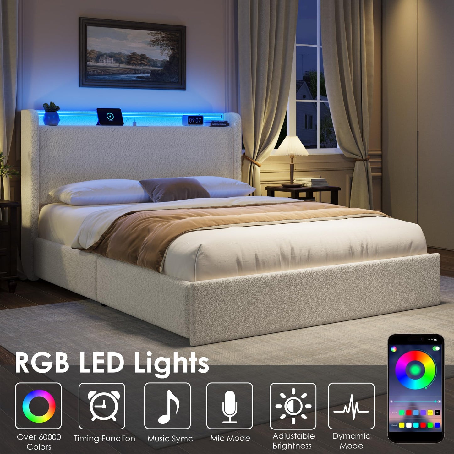 Full Size Boucle Bed Frame with LED Light and Charging Station, 4 Storage Drawers, Storage Headboard, Upholstered Platform Full Bed with Wooden Slats, No Box Spring Needed, Easy Assembly, White