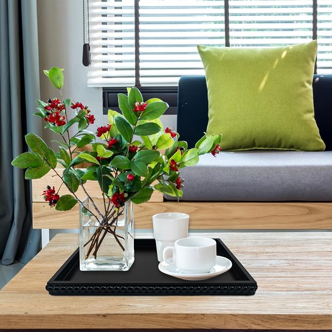 FramePro Decorative Tray 12x16 Rectangular Wood Beaded - Black Serving Tray for Living Room, Coffee Table, Kitchen or Farmhouse Display