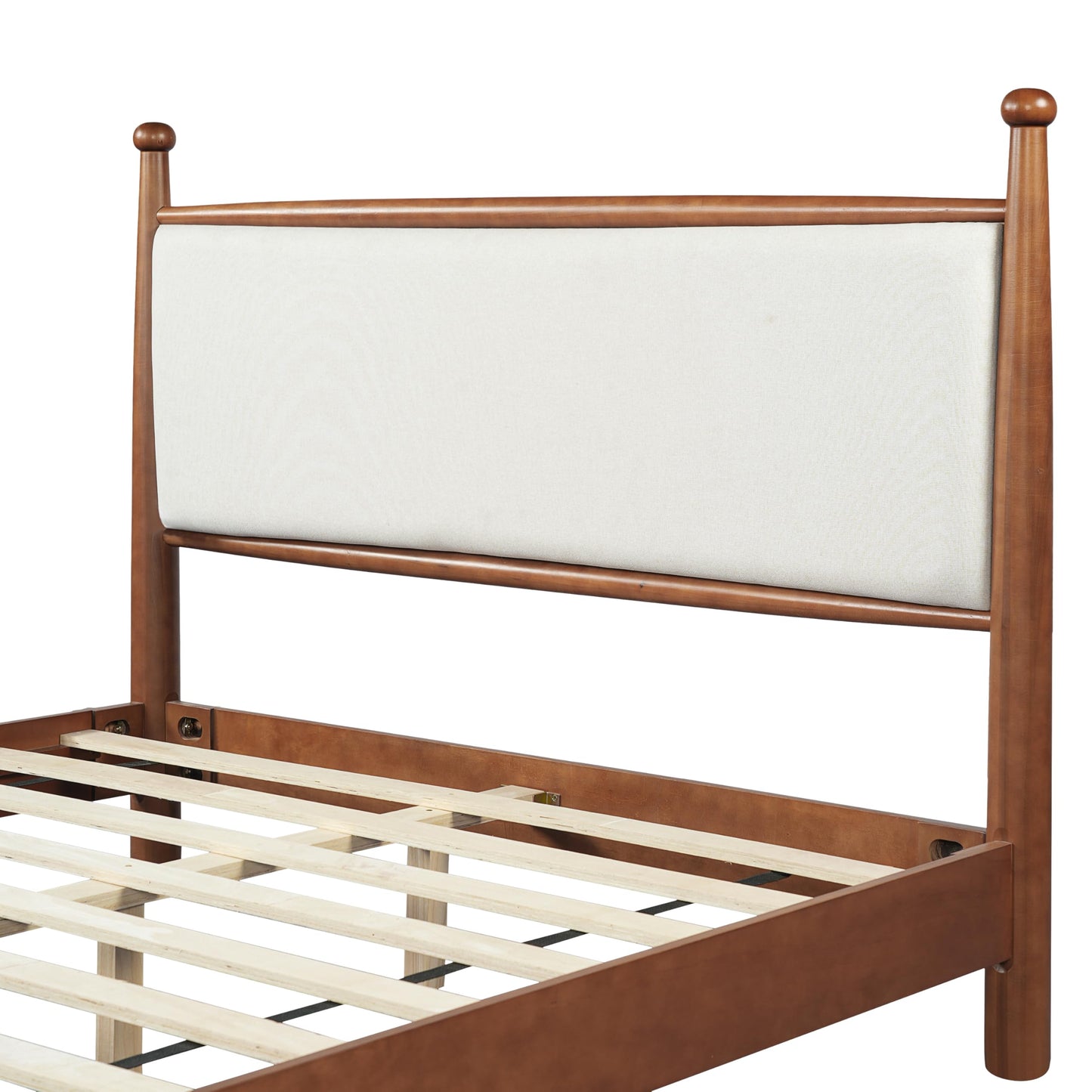 Merax Modern Queen Size Solid Wood Platform Bed with Upholstered Headboard, Mid-Century Low Bed Frame with Sturdy Wood Legs/No Box Spring Needed/Easy Assembly, Beige+Walnut