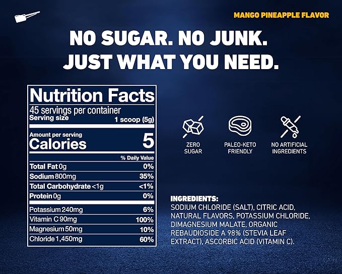 Electrolyte Powder Mango Pineapple - Zero Sugar, Keto, Stevia, Sodium, Potassium, Magnesium - 45 Servings