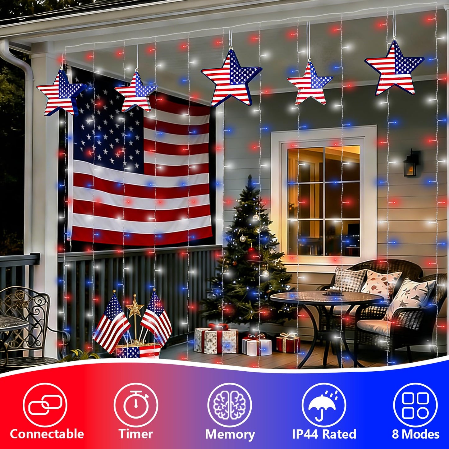 YEGUO 300 LED Red White and Blue Lights, 4th of July Lights Plug in, Patriotic Curtain Lights Hanging String Lights for Bedroom Wall Window Backdrop Indoor Outdoor Independence Memorial Day-9.8x9.8ft