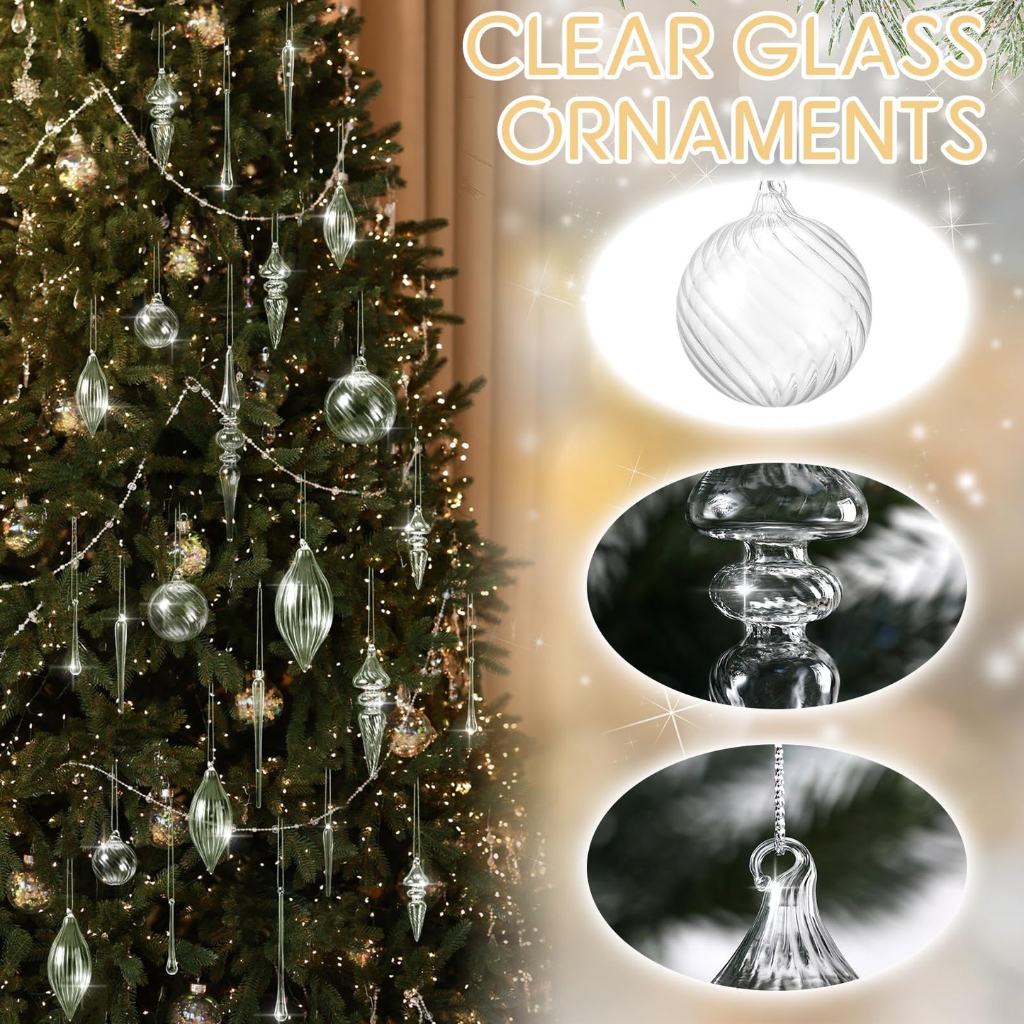 Thyle 25 Pcs Clear Glass Christmas Ornaments Glass Finial Teardrop Icicle Balls Hanging Decorative Crystal Ornaments for Christmas Tree Wreath Home Decoration Supplies, 6 Style