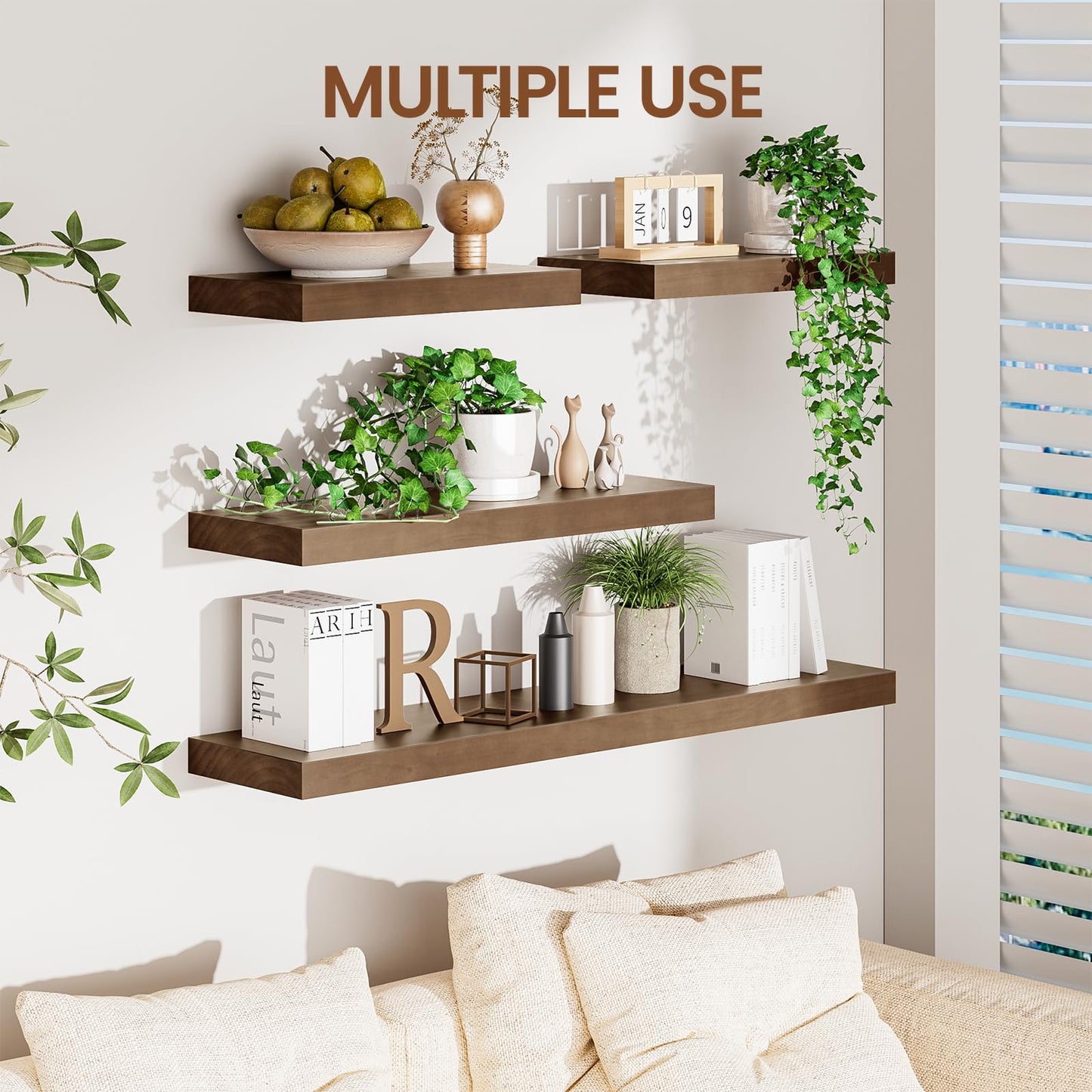Heimlove Solid Wood Floating Shelves 24 inch, 8 Inch Deep Display Shelves Set of 2, Wall Mounted Floating Shelf with Invisible Brackets for Bathroom Bedroom Kitchen Living Room - American Walnut