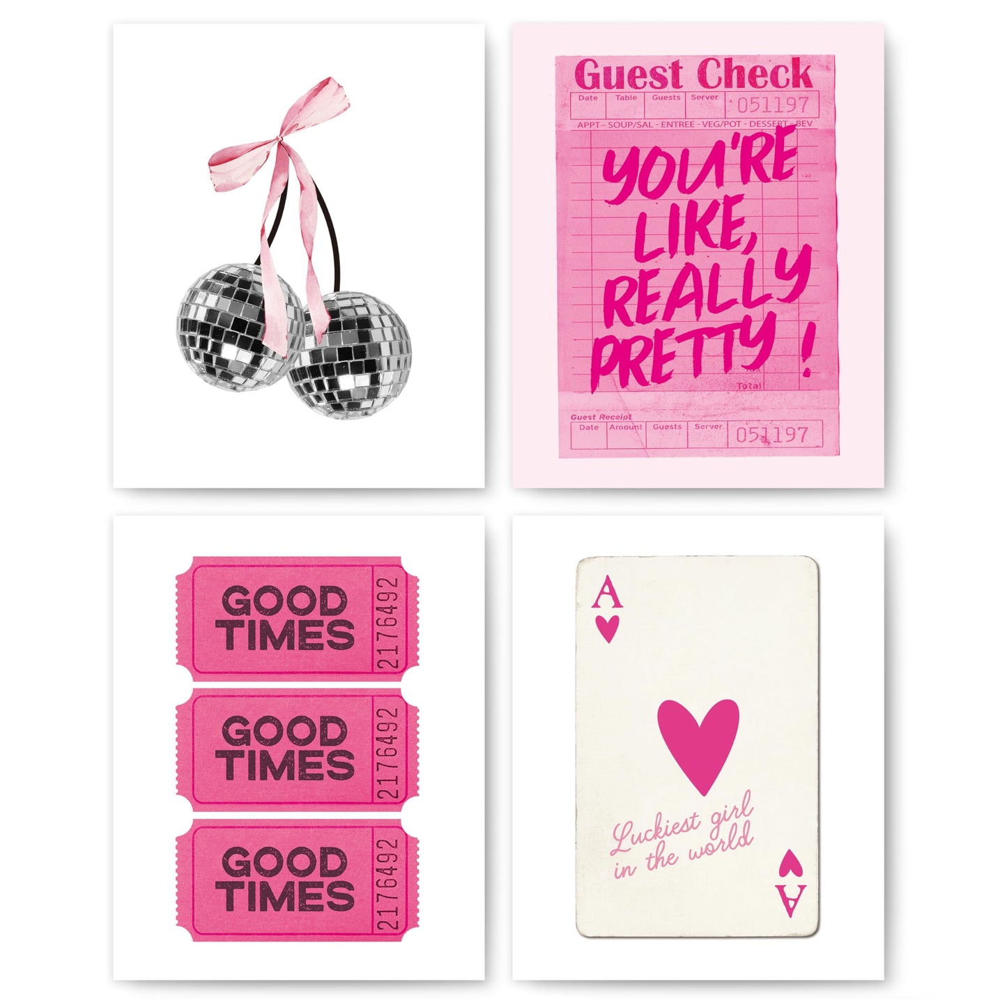 okaxscm Hot Pink Trendy Preppy Wall Art Prints Set of 4, Coquette Preppy Room Decor Aesthetic, Pink Room Wall Decor, Pink Cherry Disco Ball Wall Decor Posters for Girls Bedroom Dorm, 8x10 Unframed