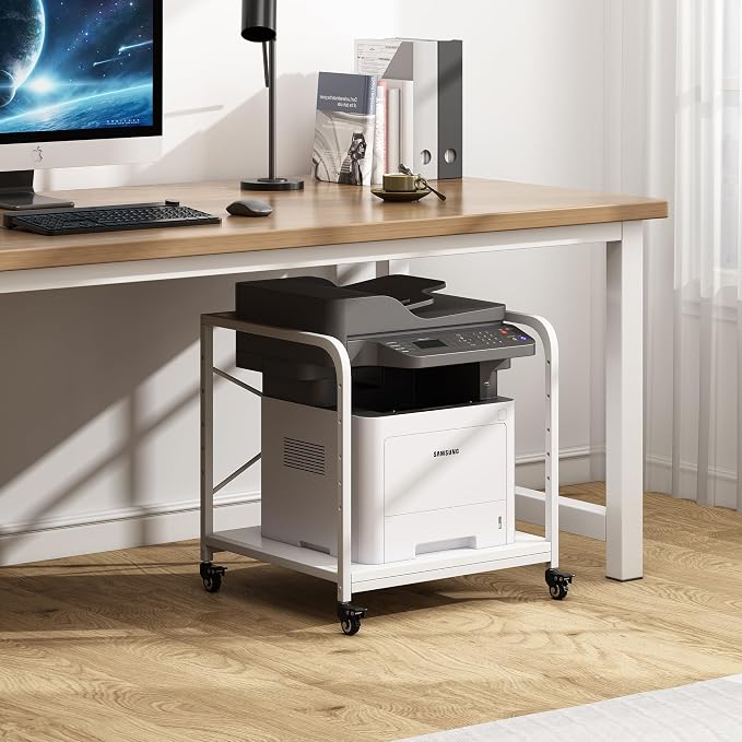 Fannova 20 Inches Deep Large Printer Stand, 2 Tier Under Desk Printer Table with Height Adjustable Shelf, Rolling Printer Cart with Wheels for Home Office Storage - White