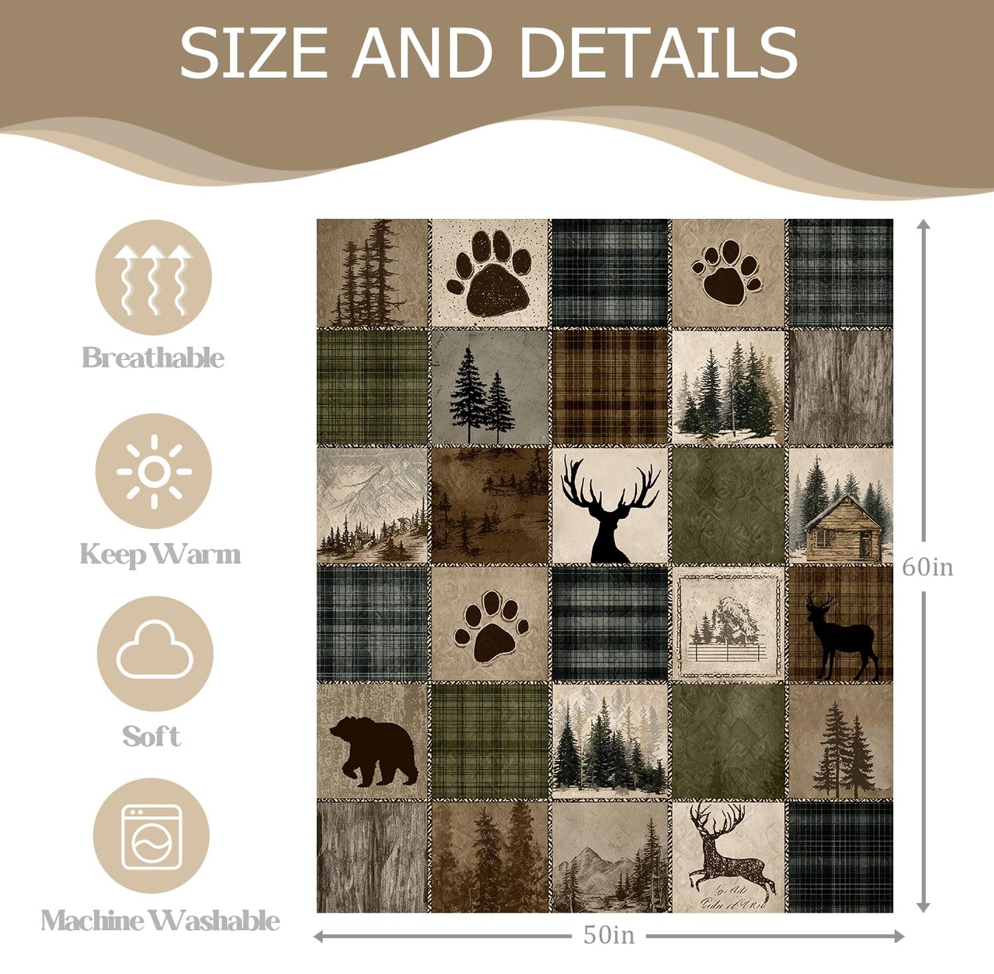 DEMCEAR Rustic Cabin Throw Blanket Wildlife Hunting Bear and Deer Brown Green Plaid Patchwork Lodge Blankets Soft Cozy Flannel Fleece for Living Room Bedroom Couch Sofa Bed Camping, 50x60 Inch