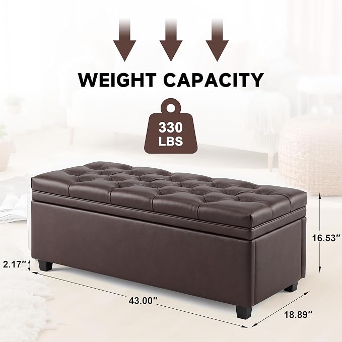 Mangodan 43" Storage Ottoman Bench, Tufted Ottoman with Storage for Living Room, Large End of Bed Ottomans, Modern Entryway Benchs, Window & Bedroom Benches for Foot of Bed (Faux Leather Dark Brown)