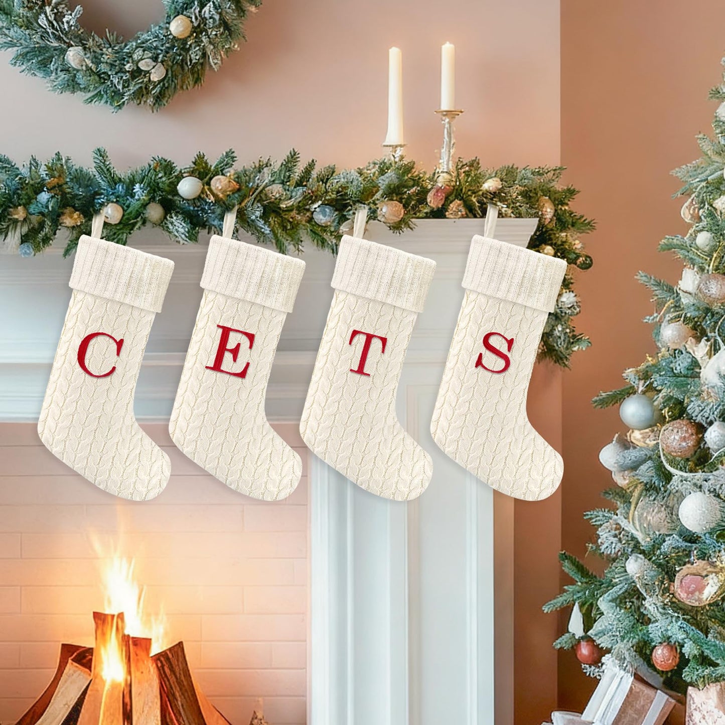 Yoochee 21 Inches Knitted Christmas Stockings with Initials, Large White Custom Monogram Embroidery Christmas Stockings with Letter, Personalized Xmas Decoration for Holiday Family Party-M