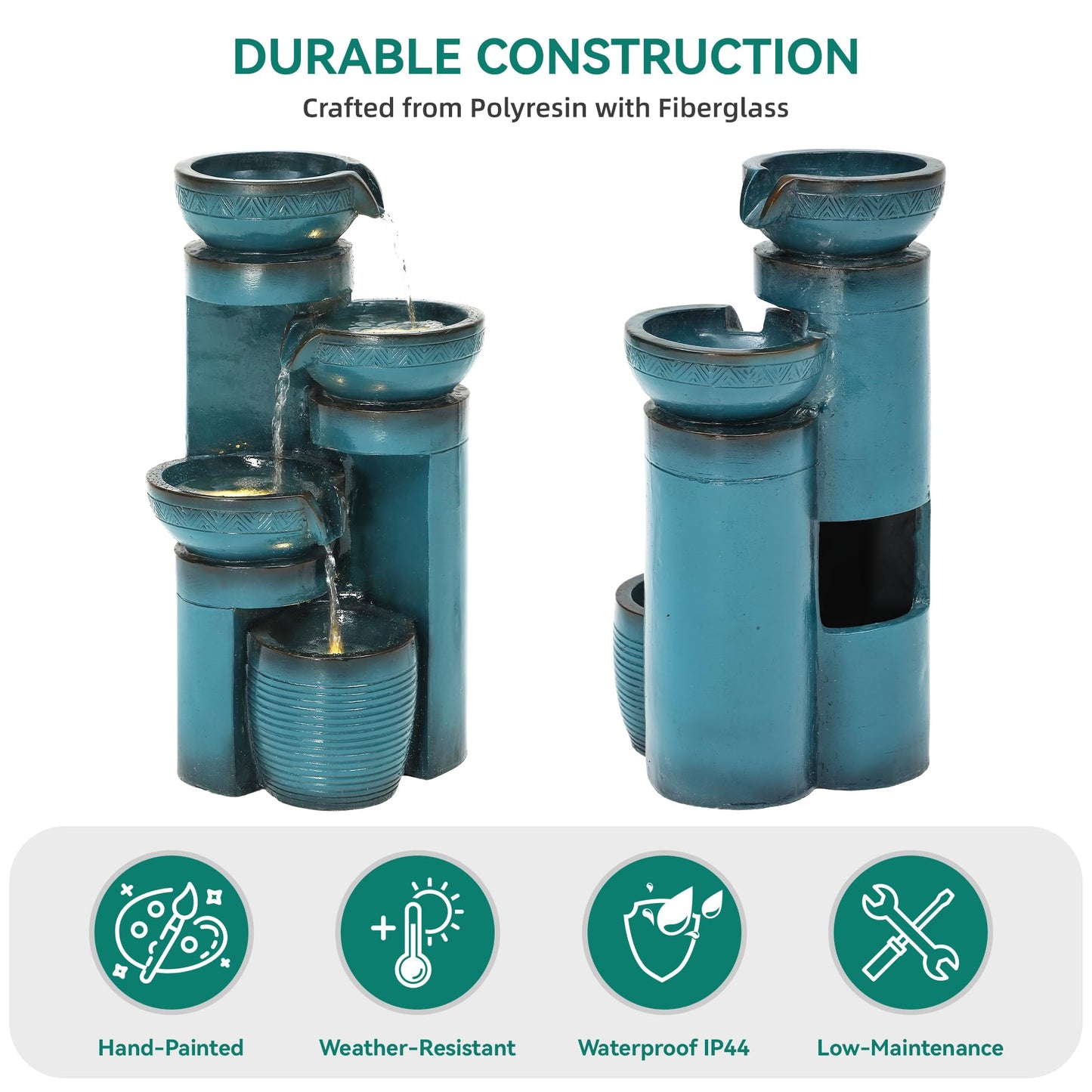 Autodaya 19.3" H Pedestal Outdoor Water Fountain with LED Lights and Pump, 4-Tier Cascading Water Feature, Tranuil Waterfall for Relaxing Garden, Patio, Yard, or Porch, Turquoise, Faux Ceramic Finish