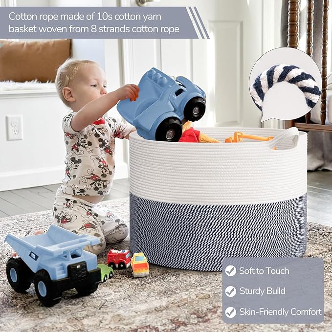 INDRESSME 115L Extra Large Cotton Rope Basket, Blanket Basket for Home Decor Living Room Nursery, Toy Storage Baskets for Kids Boys Girls, White & Navy