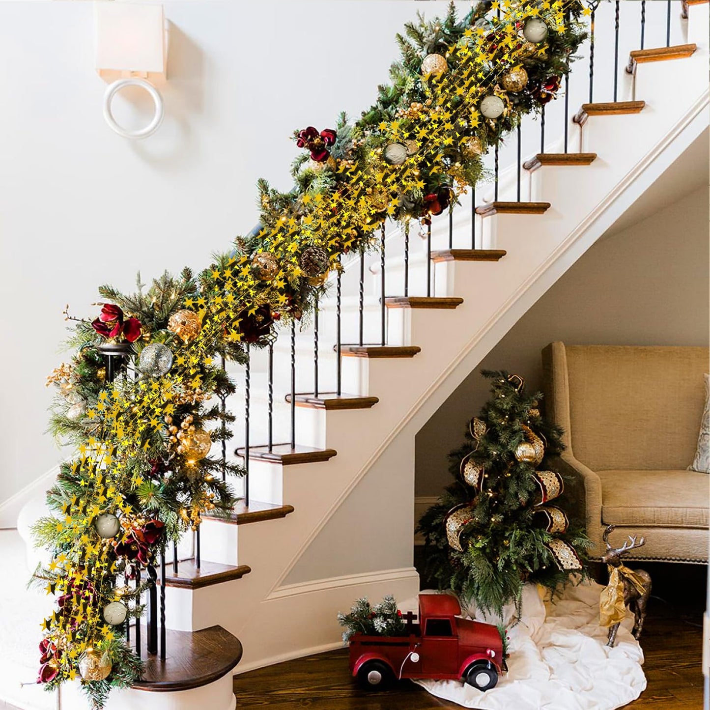 3 Rolls Gold Christmas Star Garland Tinsel, Sparkly Star Tinsel Garlands with Wire Christmas Star Wire Garland Decorations for mas Tree Home Wedding DIY Festive Ornament(75 Feet)