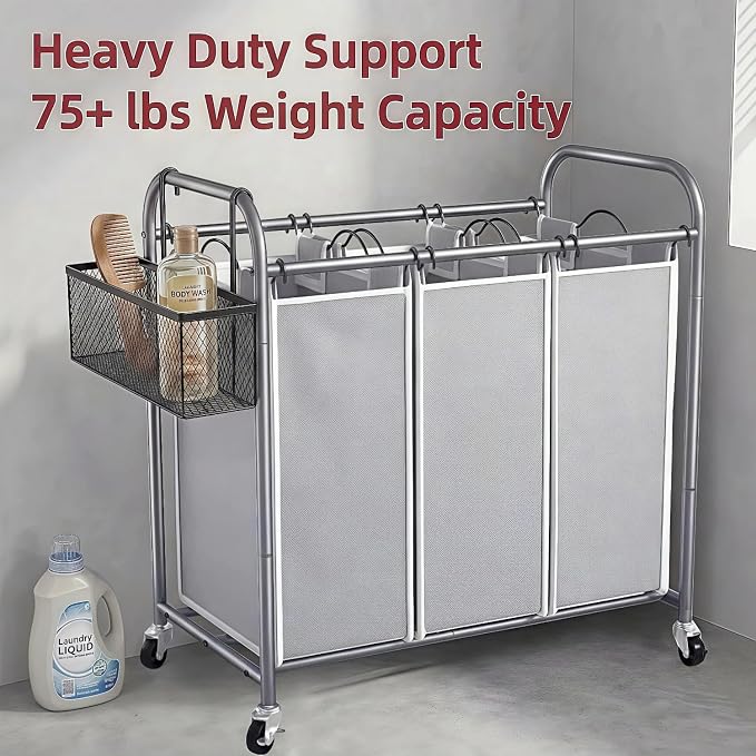 ROMOON Laundry Sorter Hamper 3 Section, Divided Laundry Basket Organizer with Heavy Duty Lockable Wheels and Removable Bags, Rolling Clothes Hamper for Apartment, Dorm & Family (135L Neutral Gray)