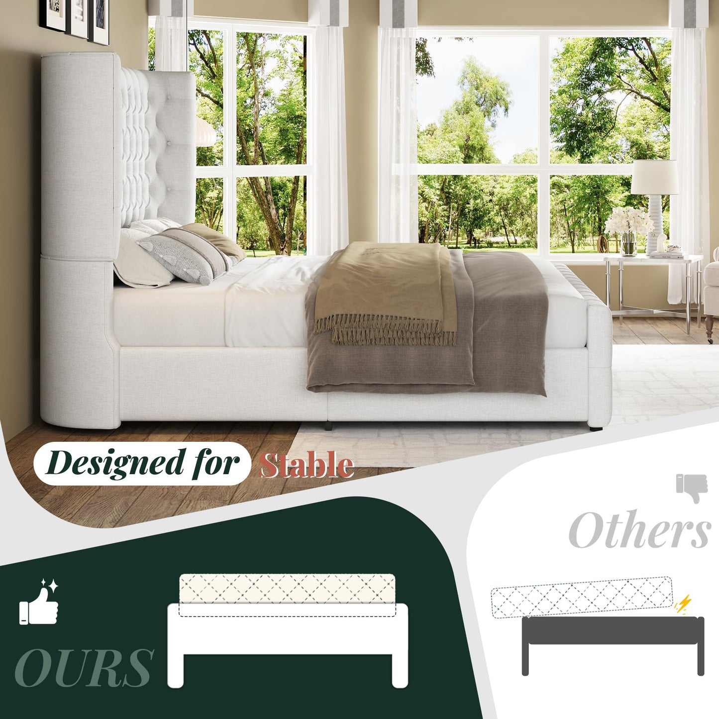 Jocisland King Size Platform Bed Frame, 6.3" Thick Upholstered Curved Wingback Headboard and Footboard with Deep Button Tufted, No Box Spring Needed, Easy Assembly, White Linen