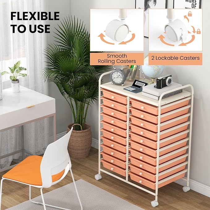 Giantex 20 Drawers Rolling Cart, Mobile Storage Drawer Cart, Classroom Organizer for Office School Supplies Tools Scrapbook Paper Craft Small Printer, Utility Stand on Wheels, Peach